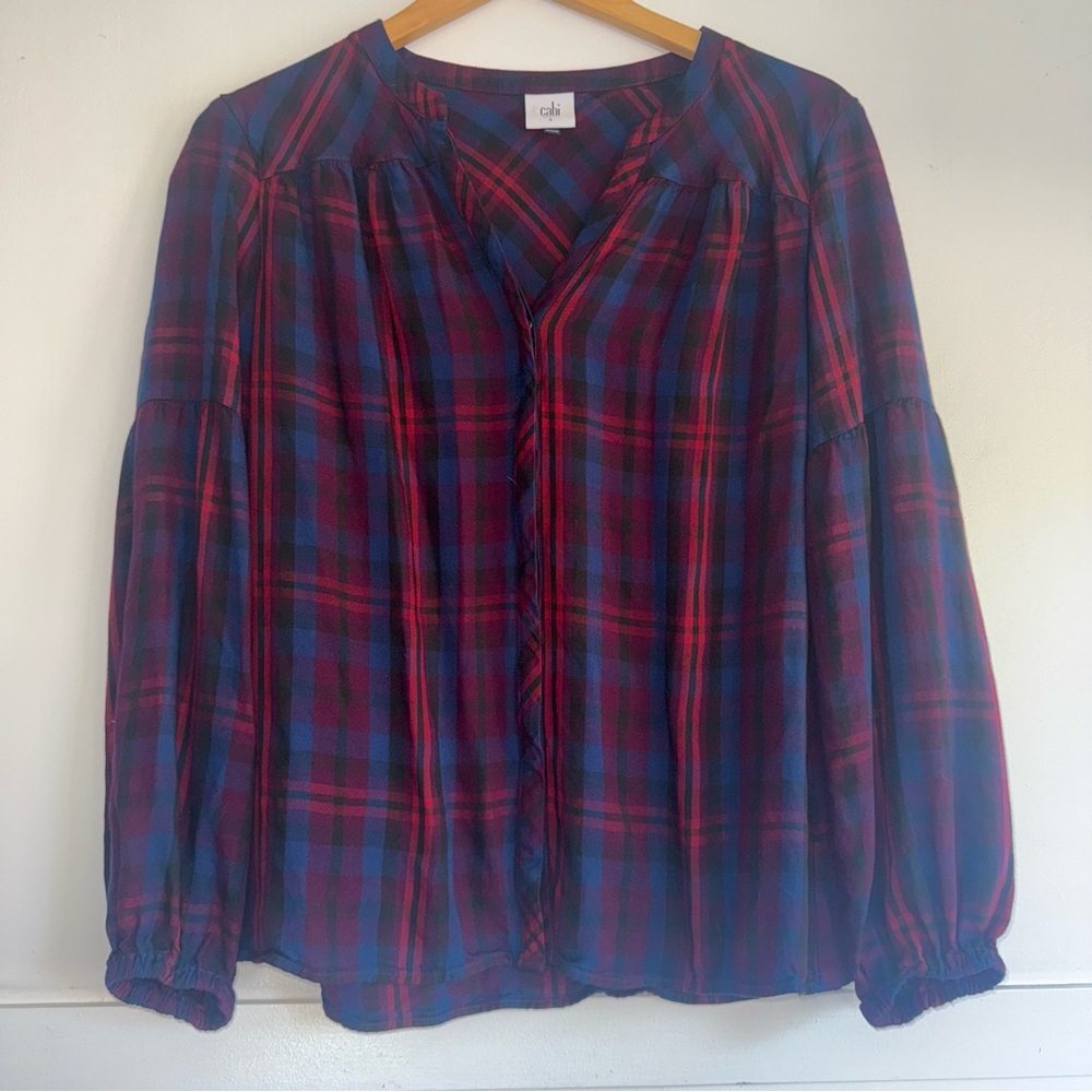 Cabi Caroling Shirt #4070 Small Button Up Plaid‎ Holiday Blue Red Puffy Sleeves